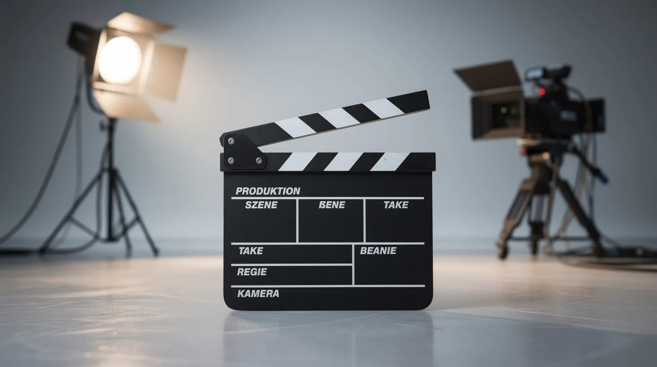 Das Bild zeigt eine professionelle Filmklappe auf einem TV-Produktionsset, umgeben von Scheinwerfern und einer Kamera im Hintergrund. Diese Szene vermittelt das typische Ambiente einer Fernsehproduktion, in der Serien und Episoden entstehen.