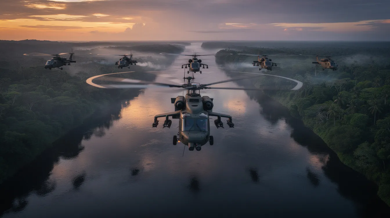 Eine Formation von Militärhubschraubern schwebt majestätisch in der Abenddämmerung über eine weite tropische Flusslandschaft, umgeben von dichtem Dschungel. Diese Szene erinnert an die eindrucksvolle Inszenierung in Francis Ford Coppolas Kriegsfilm, der die Dunkelheit des Krieges thematisiert.