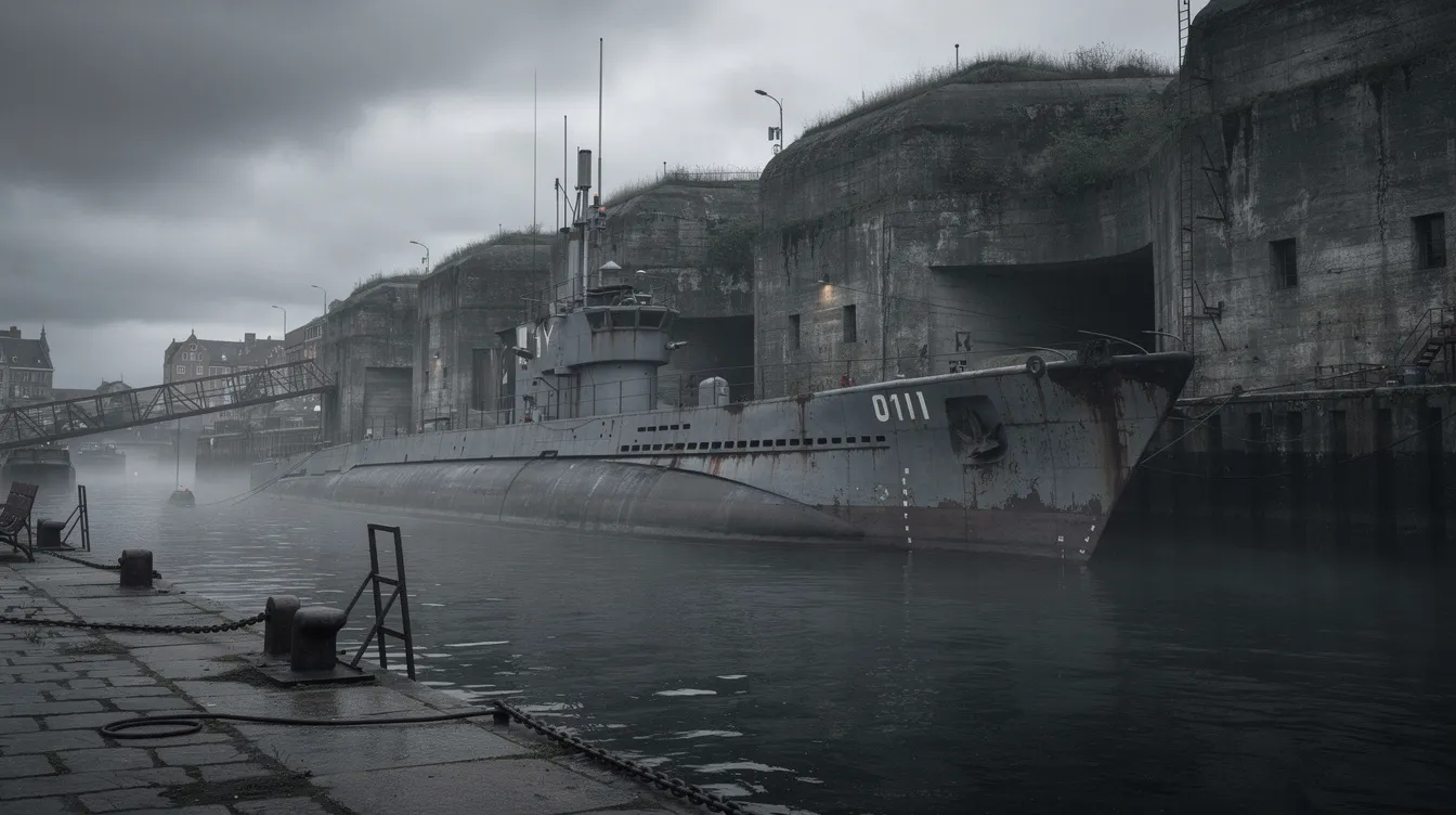 Ein historisches U-Boot liegt im alten Hafen, umgeben von Betonbunkern, die eine düstere Atmosphäre schaffen. Der bewölkte Himmel verstärkt das Gefühl der Vergänglichkeit und erinnert an die Zeiten des Zweiten Weltkriegs, als solche Boote wie die U 96 im Einsatz waren.