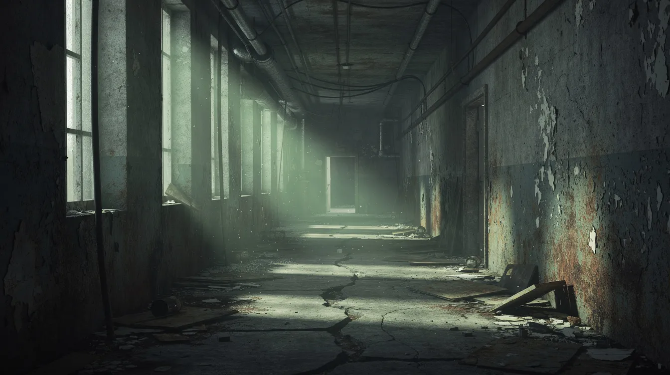 Der dunkle Korridor eines verlassenen Industriegebäudes wird von grünlichem Licht erhellt, das durch schmale Fenster strömt. Diese düstere Atmosphäre erinnert an die Inszenierung in Science-Fiction-Filmen wie "Die Matrix", wo die Grenzen zwischen Realität und Simulation verschwimmen.