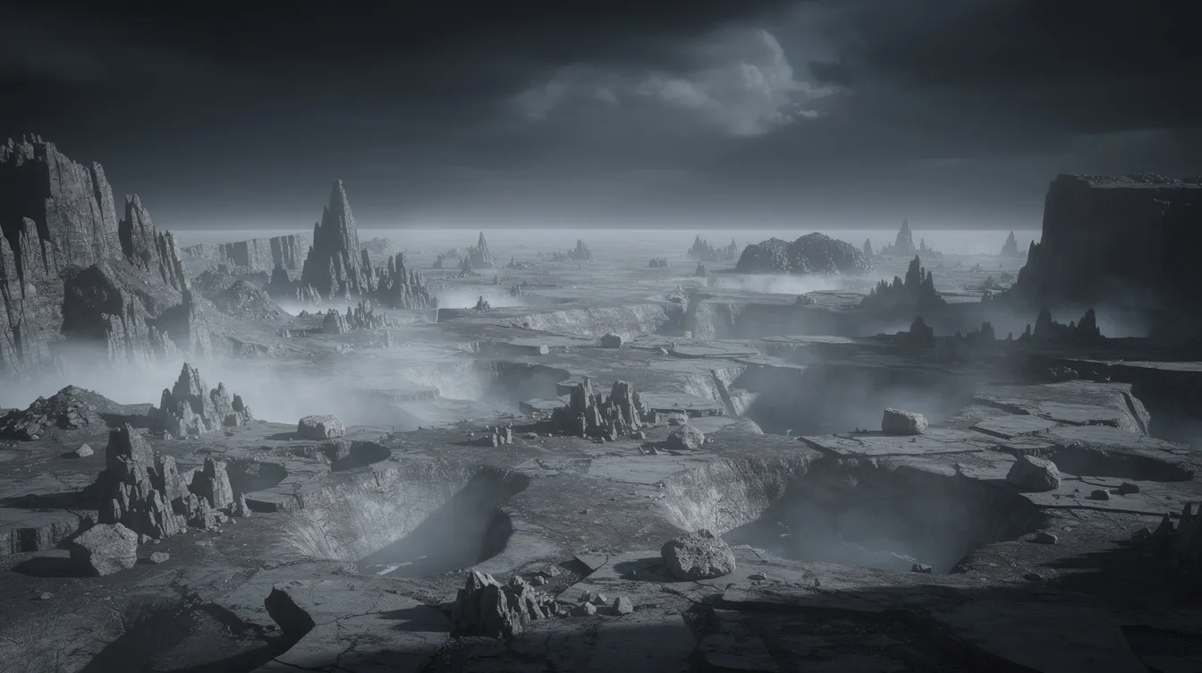 Die weite, düstere Planetenoberfläche ist geprägt von felsigen Formationen, die unter einem dunklen Himmel liegen, während Nebelschwaden geheimnisvoll über dem Boden ziehen. Diese Szene erinnert an die Atmosphäre von Science-Fiction-Filmen, in denen unheimliche Wesen aus einer fremden Welt auf den Zuschauer warten.