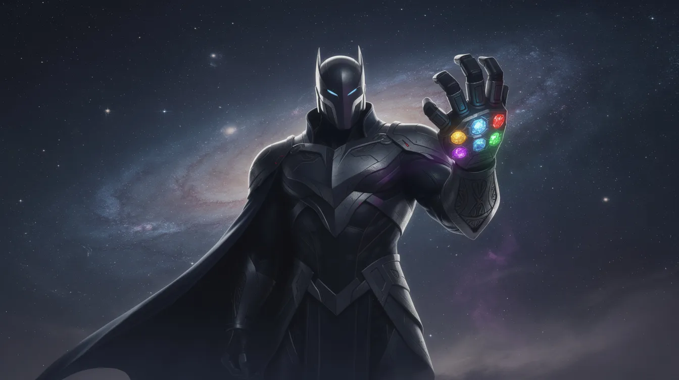 Ein kosmischer Bösewicht mit einem leuchtenden Handschuh, der sechs strahlende Edelsteine enthält, steht vor einem beeindruckenden Sternenhimmel. Diese epische Silhouette erinnert an den Charakter Thanos aus dem Film "Avengers: Infinity War" und vermittelt ein Gefühl von Macht und Bedrohung im Marvel Cinematic Universe.