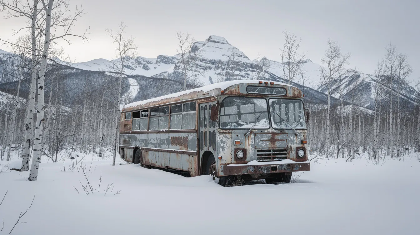 Ein verlassener, alter Bus steht in einer weiten, schneebedeckten Landschaft Alaskas, umgeben von schlanken Birken und majestätischen Bergen im Hintergrund. Diese Szene erinnert an die Geschichte von Christopher McCandless, der in die Wildnis aufbrach, um Freiheit und Abenteuer zu suchen.