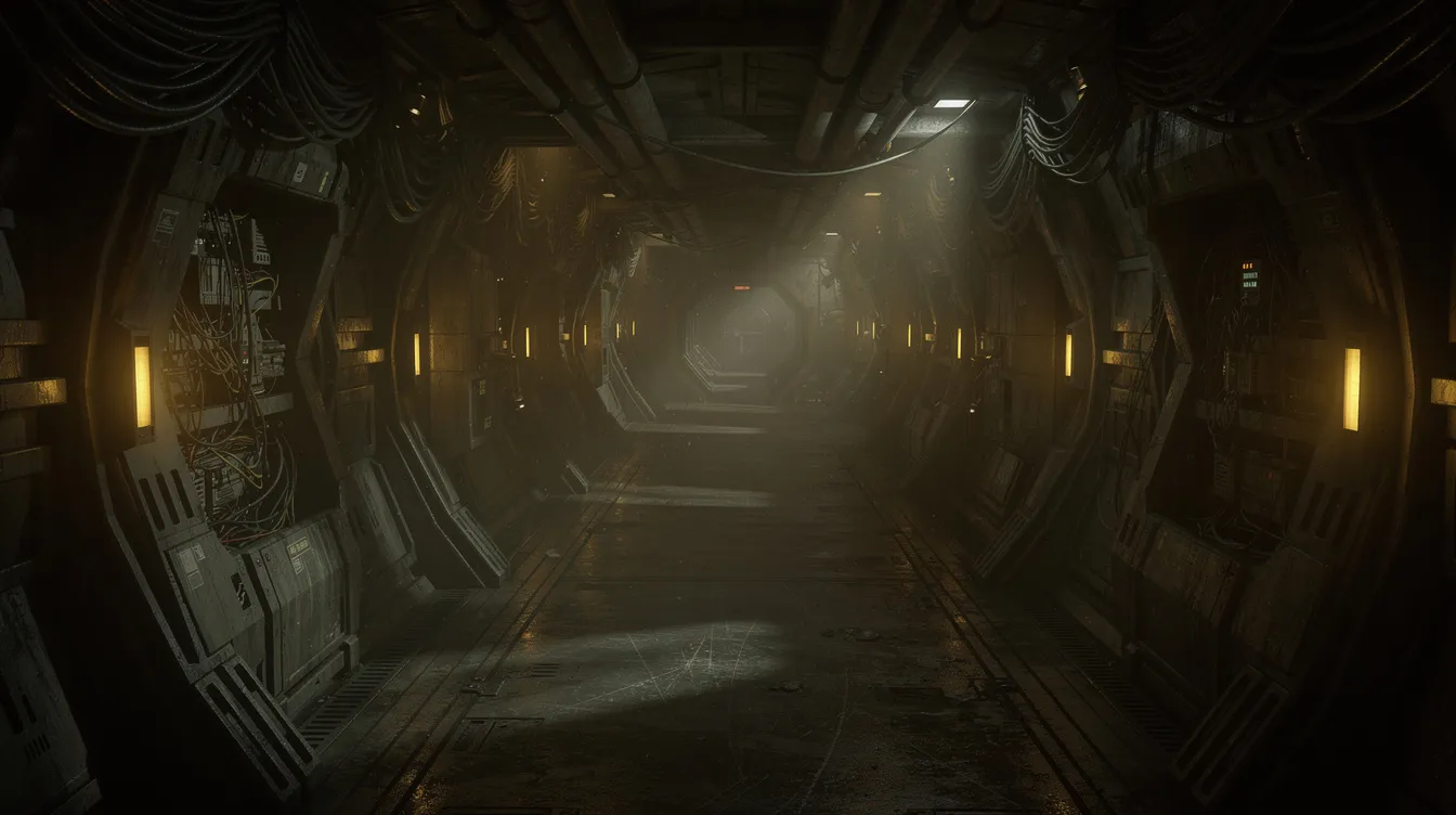 Das Bild zeigt enge, dunkle Gänge eines Raumschiffs mit niedrigen Decken, in denen Kabelbündel sichtbar sind und schwaches gelbes Warnlicht leuchtet. Diese düstere Atmosphäre erinnert an die Science-Fiction-Welt von "Alien – Das unheimliche Wesen aus einer fremden Welt", in der die Besatzung des Raumschiffs Nostromo auf unvorhergesehene Gefahren stößt.