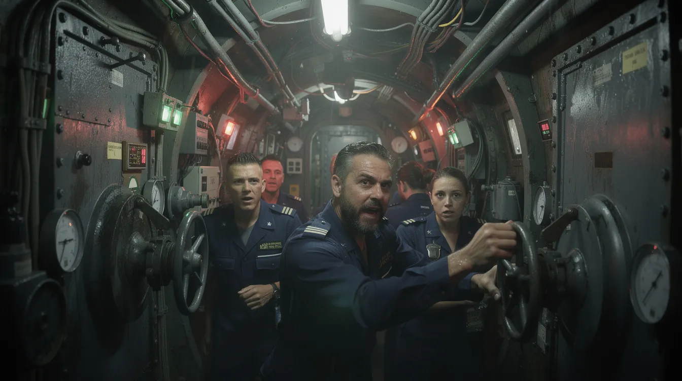 Das Bild zeigt enge Gänge in einem U-Boot, beleuchtet von schwachem Licht, während die Besatzungsmitglieder mit angespannten Gesichtern zwischen Rohren und Ventilen stehen. Die düstere Atmosphäre erinnert an die spannenden Szenen aus Sci-Fi-Filmen der 80er Jahre, in denen das Überleben im Weltraum oft auf der Kippe steht.