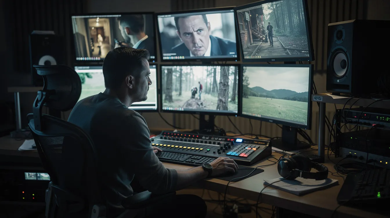 Ein Regisseur sitzt in einem abgedunkelten Schnittraum vor mehreren Bildschirmen, auf denen verschiedene Filmszenen zu sehen sind. Er analysiert die Handlung und die Charaktere, um die Bedeutung und den Verlauf der Geschichte zu gestalten, möglicherweise im Kontext eines Spin-offs oder einer Fortsetzung einer bekannten Filmreihe.