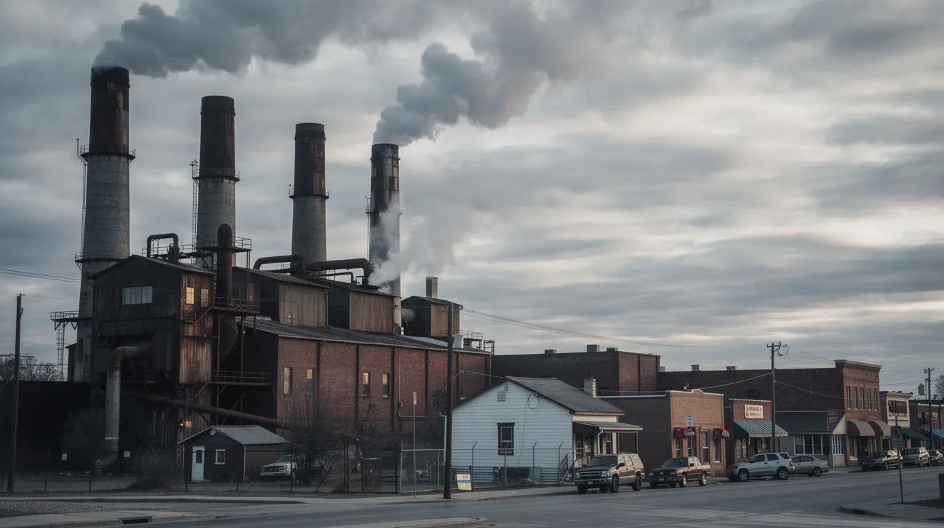 Die rauchenden Schornsteine einer Stahlfabrik ragen vor einem bewölkten Himmel in einer amerikanischen Kleinstadt empor, während die Industrieumgebung die Bedeutung von Bildung und Forschung in der modernen Welt widerspiegelt. Diese Szene könnte auch als Metapher für lebenslanges Lernen und die Rolle von Institutionen wie dem Deutschen Institut für Erwachsenenbildung dienen.