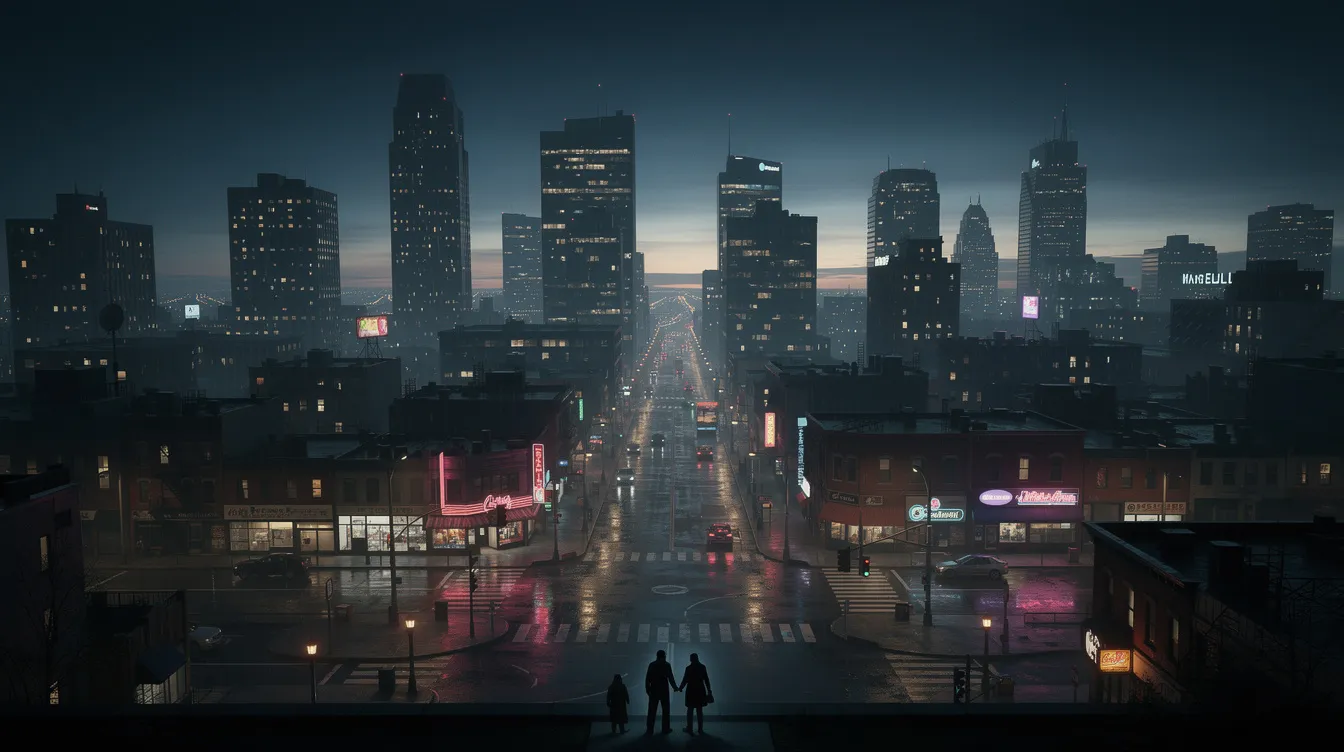 Das Bild zeigt ein atmosphärisches Stadtpanorama bei Nacht, beleuchtet von dramatischen Lichtern, die eine eindrucksvolle Kulisse schaffen. Der Anblick vermittelt den Eindruck eines Neuanfangs und könnte als visuelles Remake einer urbanen Landschaft interpretiert werden.