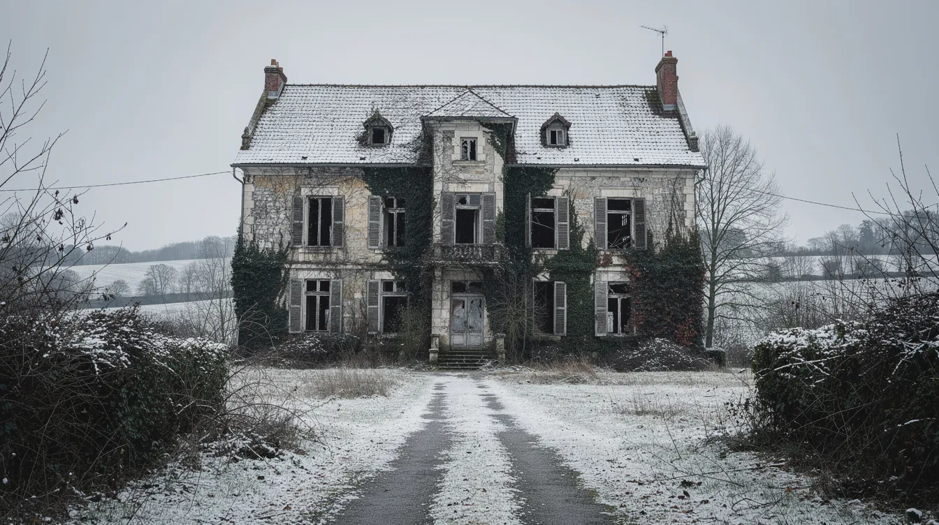 Das Bild zeigt ein verlassenes, altes Internatsgebäude aus Stein, das von Efeu bewachsen ist und in einer winterlichen ländlichen Landschaft in Frankreich steht. Die Szenerie erinnert an die Geschichte der "Kinder des Monsieur Mathieu" und die melancholische Atmosphäre des Films "Les Choristes", in dem Musik und die Erziehung von Jungen im Mittelpunkt stehen.