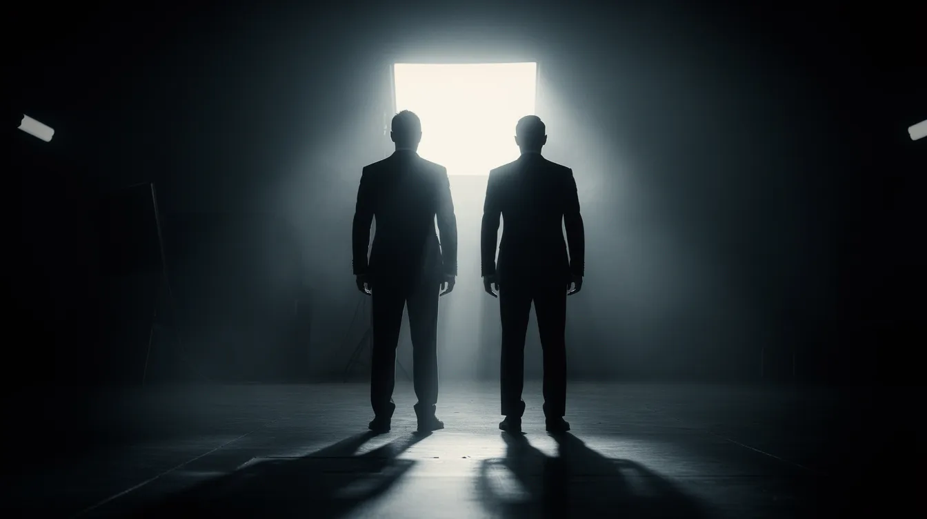 Zwei Silhouetten von Personen in Anzügen stehen in einem dunklen Raum nebeneinander und sind von dramatischem Gegenlicht umgeben, was an die stilvollen Szenen aus Quentin Tarantinos Film "Pulp Fiction" erinnert. Die geheimnisvolle Atmosphäre und die Präsenz der Figuren erzeugen ein Gefühl von Coolness und Spannung, das typisch für die Handlung und die Charaktere wie Vincent Vega und Jules Winnfield ist.