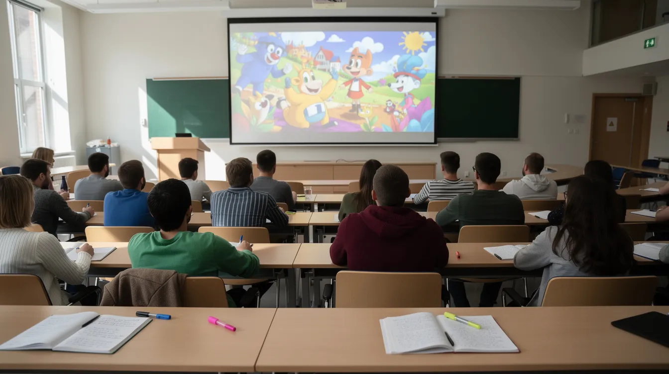 In einem Hörsaal sitzen zahlreiche Studierende, die gebannt auf eine große Leinwand schauen, auf der ein bunter Animationsfilm läuft. Auf den Tischen liegen Notizbücher, während die jungen Zuschauer die Abenteuer und Charaktere des Films genießen, die oft Teil von beliebten Kinderfilmen und Familiengeschichten sind.
