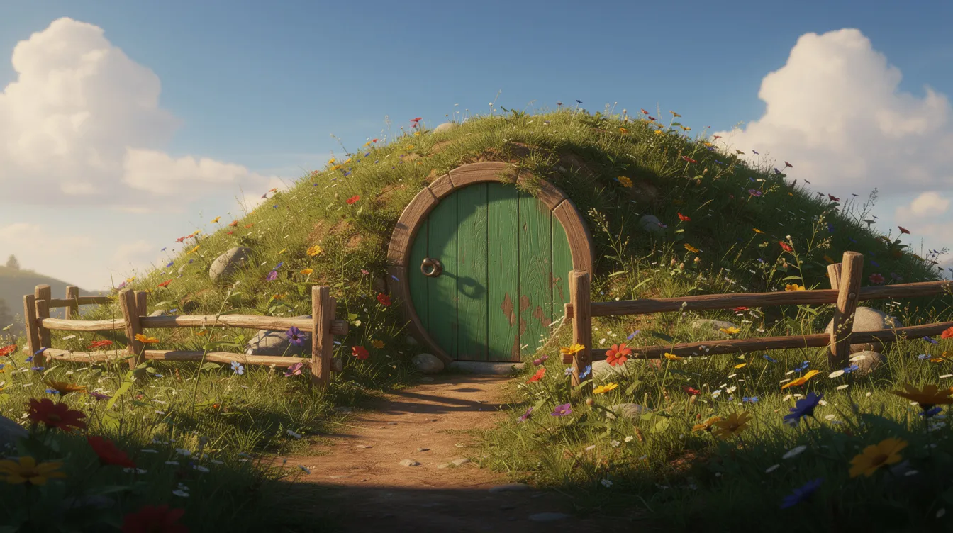 Das Bild zeigt eine kleine, runde grüne Tür, die in einen grasbewachsenen Hügel eingebettet ist. Umgeben von bunten Blumen und einem Zaun, strahlt die Szene im warmen Sonnenlicht eine friedliche Atmosphäre aus, die an die magische Welt von "Der Herr der Ringe" erinnert.