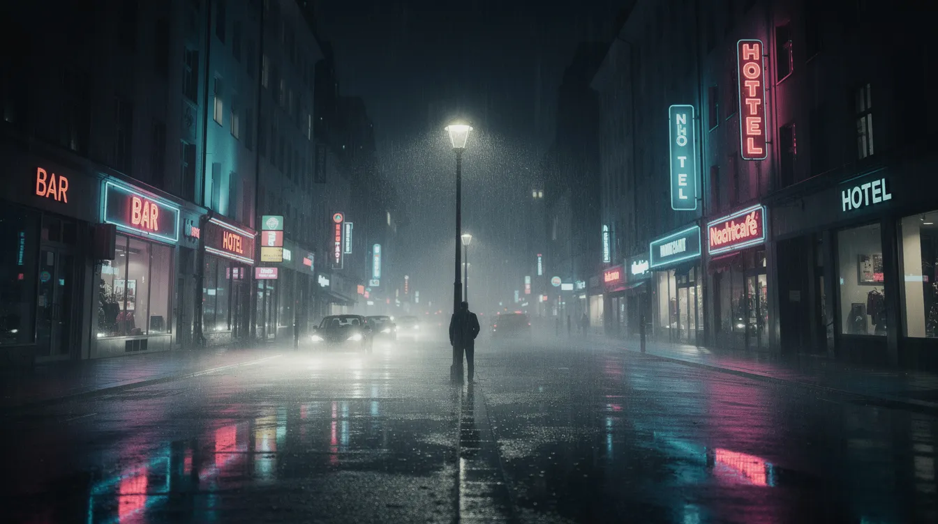 Die dunkle Großstadtstraße bei Nacht ist mit Regen überzogen, der das Neonlicht auf dem nassen Asphalt reflektiert. In der Silhouette einer einzelnen Person unter einem Straßenlicht wird die Spannung eines typischen Kriminalfilms spürbar, während die düstere Atmosphäre an klassische Film-Noir-Elemente erinnert.