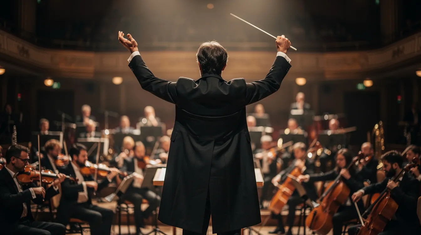 Der Dirigent wird von hinten gezeigt, während er mit energischen Bewegungen ein Orchester leitet, umgeben von dramatischem Bühnenlicht und einem unscharfen Hintergrund. Diese Szene vermittelt die Intensität und Leidenschaft der Musik, die im Mittelpunkt steht.