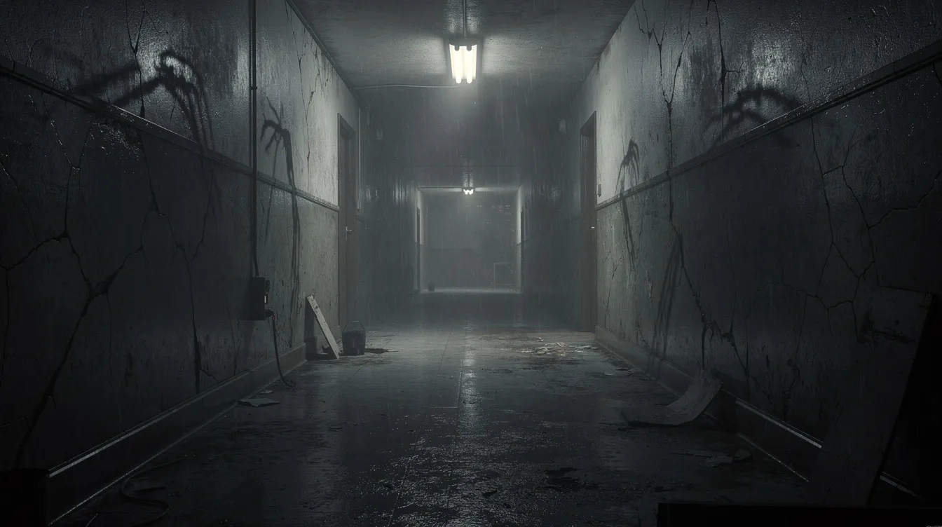 Ein dunkler, langer Flur mit flackerndem Licht am Ende erzeugt eine unheimliche Atmosphäre, während Schatten an den Wänden die Spannung erhöhen. Diese Szenerie könnte aus einer Episodenanthologie wie "American Horror Story" oder "Black Mirror" stammen, in der das Genre des Horrors und der psychologischen Spannung meisterhaft kombiniert wird.