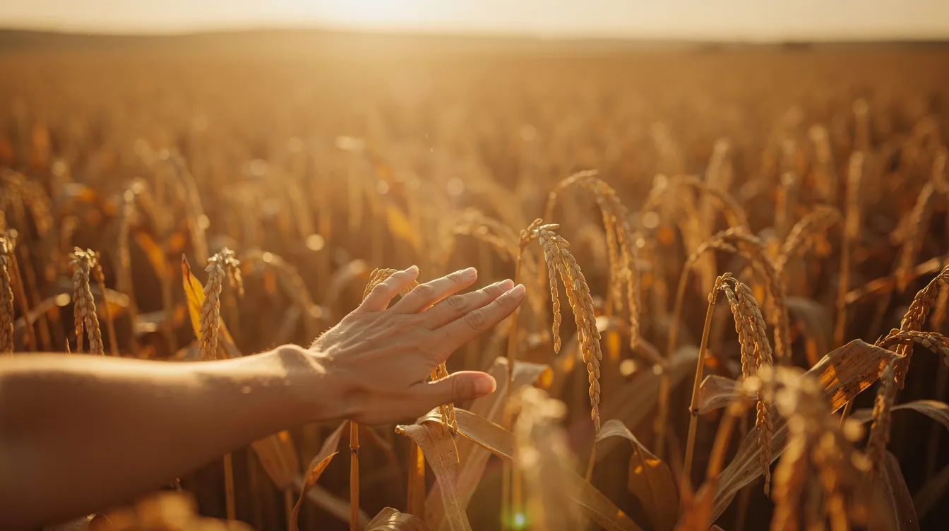 Ein goldener Kornfeld erstreckt sich im warmen Abendlicht, während eine einzelne Hand sanft über die Ähren streicht. Der unscharfe Horizont und das weiche Gegenlicht verleihen der Szene eine träumerische Atmosphäre, die an die epischen Kämpfe und Intrigen im Film "Gladiator" erinnert.