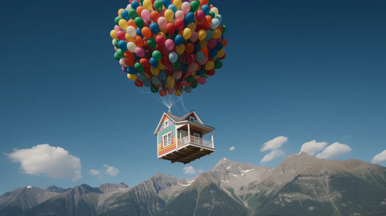 Ein buntes Haus wird von Hunderten von Heliumballons in den strahlend blauen Himmel gehoben, während im Hintergrund eine malerische Berglandschaft und einige flauschige Wolken zu sehen sind. Diese Szene erinnert an die magischen Abenteuer aus Pixar-Filmen wie "Oben" und "Toy Story".