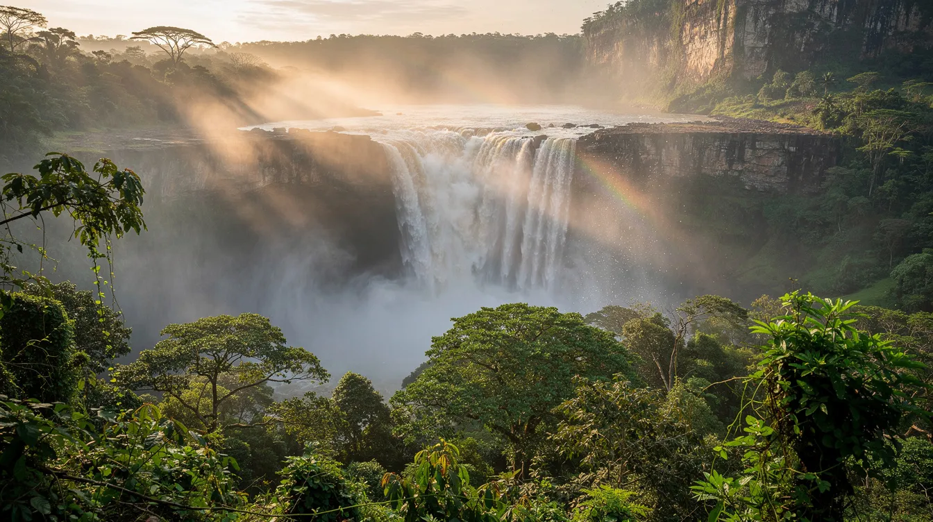 Ein majestätischer Wasserfall stürzt von einer flachen Hochebene in einen üppigen, grünen Dschungel, umgeben von sanften Nebelschwaden und warmem Sonnenlicht, das die Szenerie in ein traumhaftes Licht taucht. Diese beeindruckende Naturlandschaft erinnert an die Abenteuer, die in Filmen wie "Up" von Pixar erzählt werden.