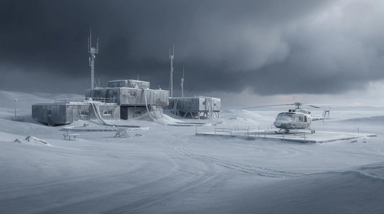 Die verlassene Forschungsstation steht einsam in einer endlosen Schneelandschaft, umgeben von einem düsteren, wolkenverhangenen Himmel. Auf einem vereisten Landeplatz befindet sich ein einzelner Helikopter, der an die unheimlichen Ereignisse aus John Carpenters "The Thing" erinnert.