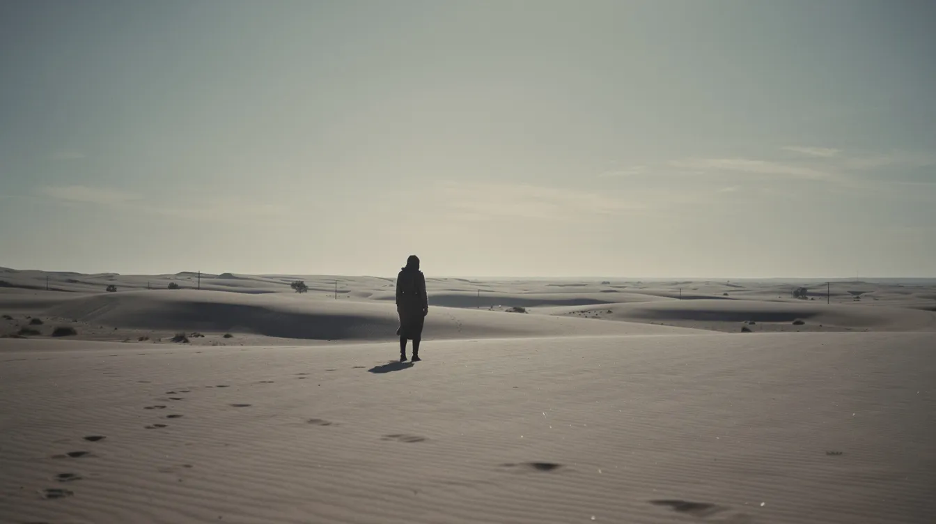 Die filmische Aufnahme zeigt eine einzelne Person, die in einer weiten Wüstenlandschaft steht, umgeben von endlosem Sand und viel Himmel über dem Kopf. Die Szene vermittelt ein Gefühl von Einsamkeit und Freiheit in dieser kargen, aber majestätischen Umgebung.