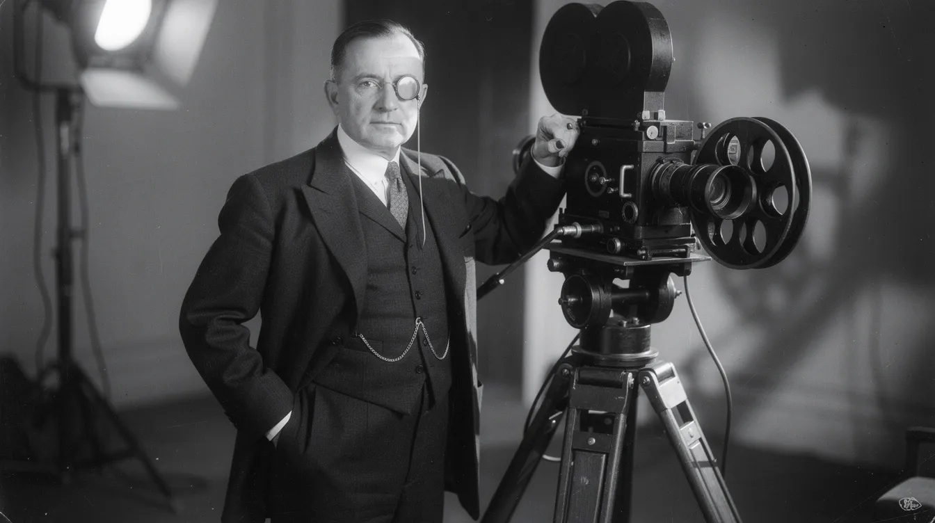 Das Porträt zeigt einen Filmregisseur der 1930er Jahre in einem dunklen Anzug mit Monokel, der am Filmset neben einer großen Kamera steht. Die Schwarzweißfotografie vermittelt eine nostalgische Atmosphäre und erinnert an die Ära von Fritz Lang und seinen ikonischen Filmen, die oft das Thema Verbrechen und Angst in der Stadt Berlin behandeln.