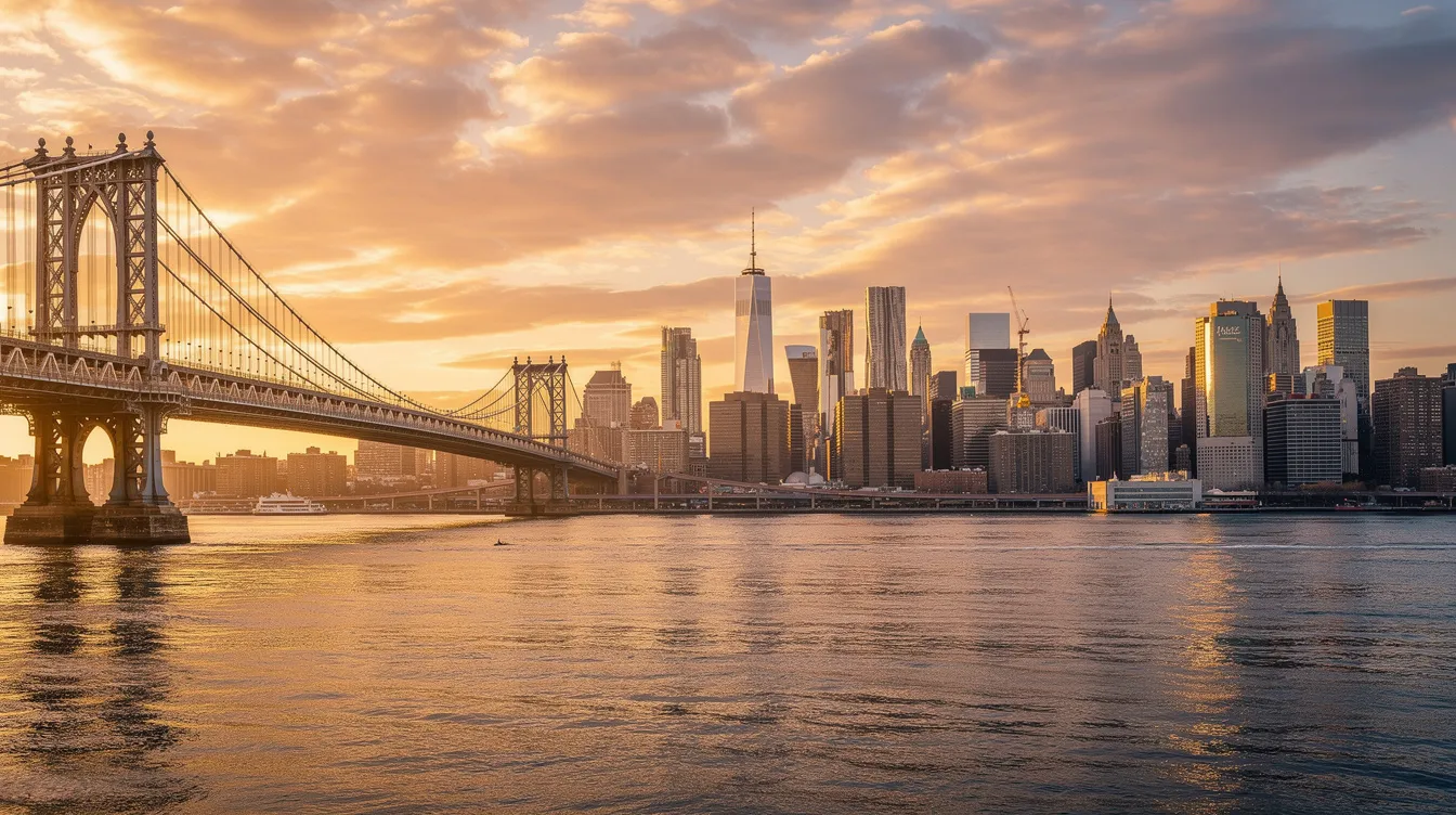 Das Bild zeigt ein Panorama der New Yorker Skyline, beleuchtet von goldenem Sonnenuntergangslicht, mit einer majestätischen Brücke und hohen Wolkenkratzern, die an die Kulisse aus dem Film "Spider-Man" von 2002 erinnern, in dem Tobey Maguire als Peter Parker und Kirsten Dunst als Mary Jane Watson zu sehen sind. Die Szene strahlt eine ruhige, aber kraftvolle Atmosphäre aus, die die Superheldenwelt von Marvel widerspiegelt.