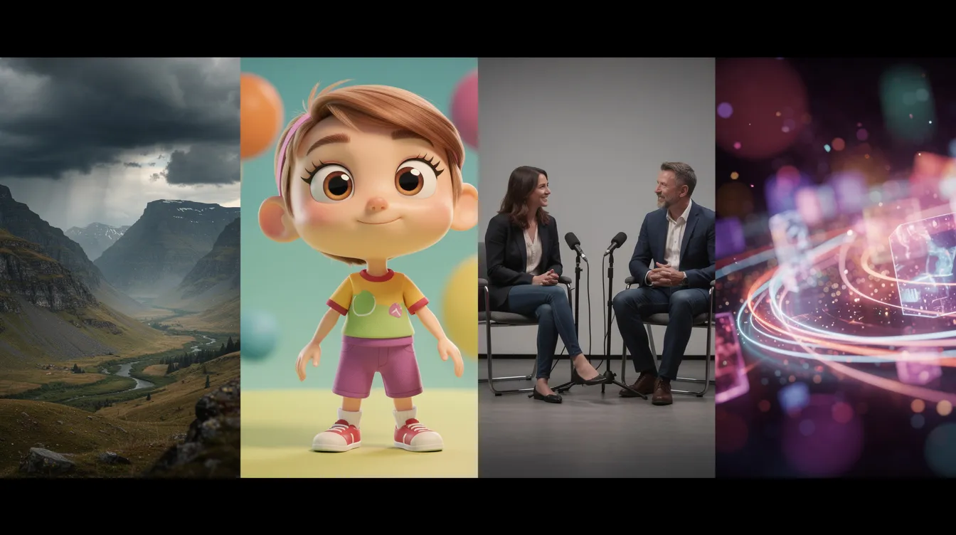 Das Bild zeigt vier verschiedene Filmgenres nebeneinander: Eine dramatische Landschaftsaufnahme vermittelt die Tiefe eines epischen Films, während eine bunte Animationsfigur die Fantasie eines Kinderfilms verkörpert. Ein Interviewsetting mit zwei Personen repräsentiert die Dokumentarfilm-Ästhetik, und ein abstrakter visueller Effekt symbolisiert die Kreativität im modernen Kino.