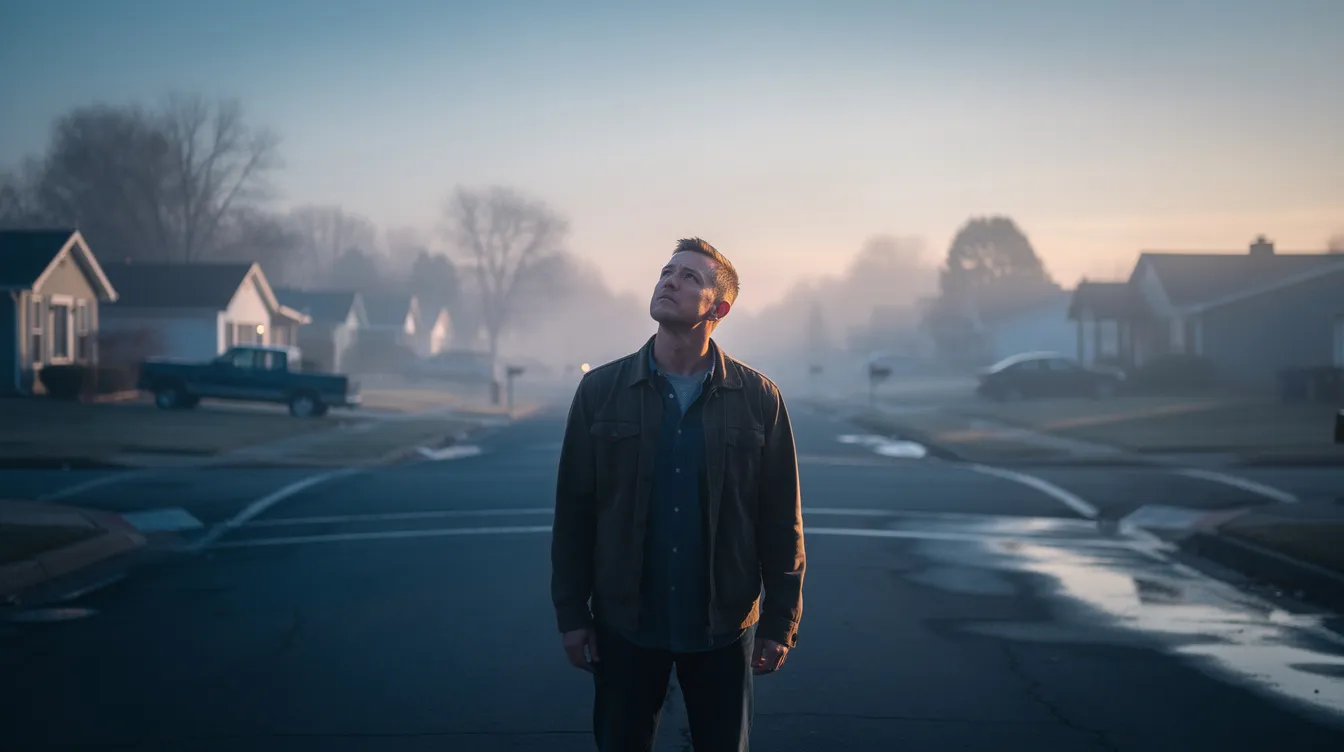 Ein Mann steht allein an einer Straßenkreuzung in einer verlassenen Vorstadtstraße während der Morgendämmerung, das erste Licht beleuchtet sein Gesicht und schafft eine melancholische Atmosphäre. Diese Szene erinnert an die Themen aus "American History X", die sich mit Identität und Konflikten auseinandersetzen.