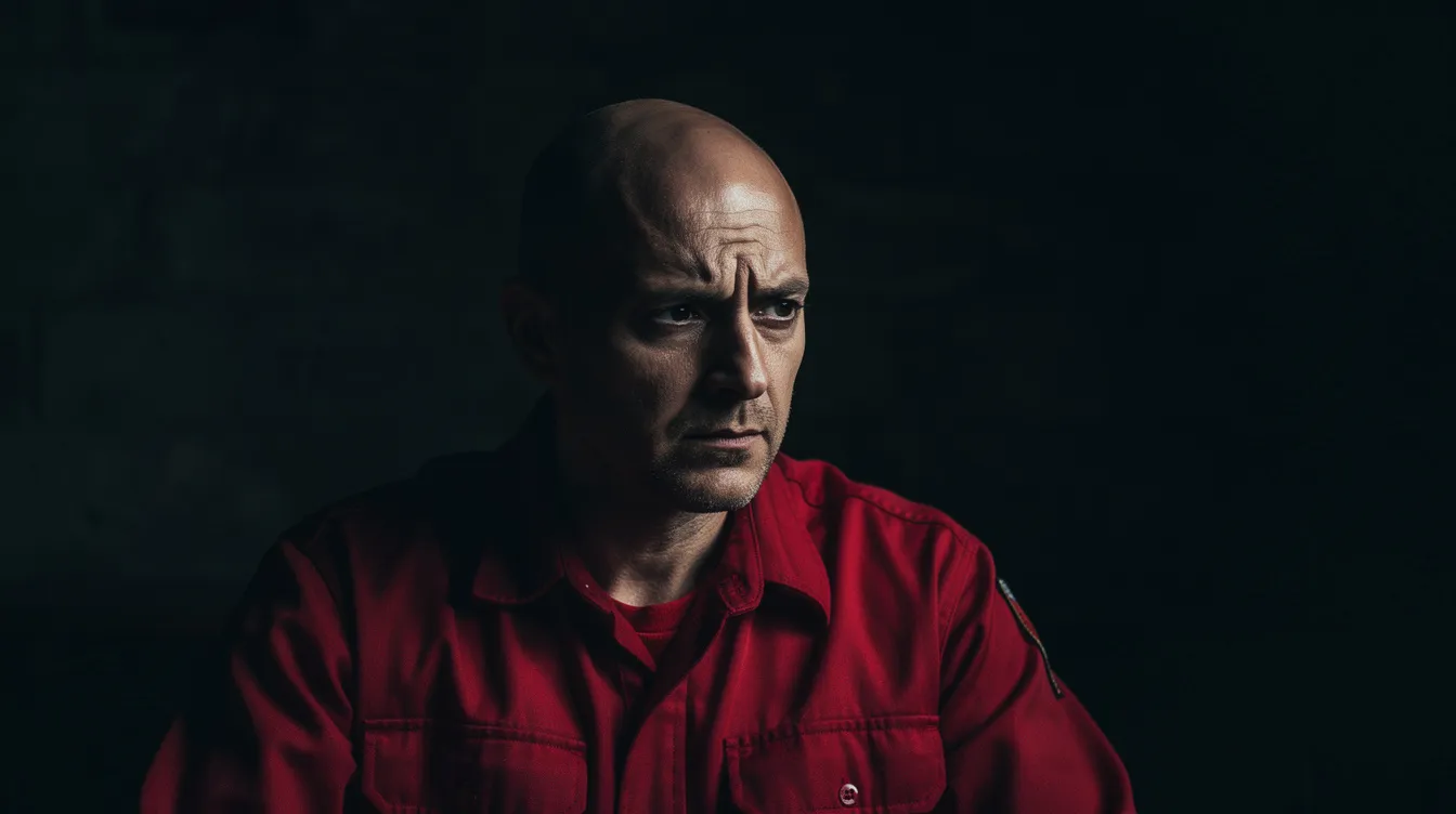 Ein nachdenklicher Mann mit kahlem Kopf, der in einer roten Uniform gekleidet ist, sitzt in einem dunklen Raum, während sein Gesicht von hartem Seitenlicht beleuchtet wird. Diese Szene erinnert an Captain Jean-Luc Picard aus der Serie "Star Trek: The Next Generation", die oft tiefgründige Momente und Reflexionen der Charaktere zeigt.