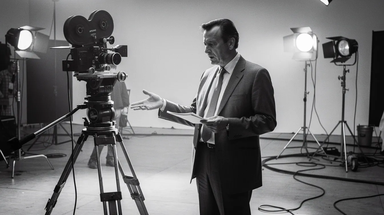 Ein Filmregisseur steht am Set in einer Schwarzweiß-Studioumgebung der 1960er Jahre, umgeben von einer Filmkamera und Scheinwerfern. Die Atmosphäre erinnert an die Klassiker der Filmgeschichte, während der Regisseur mit konzentrierter Miene die Szene plant.