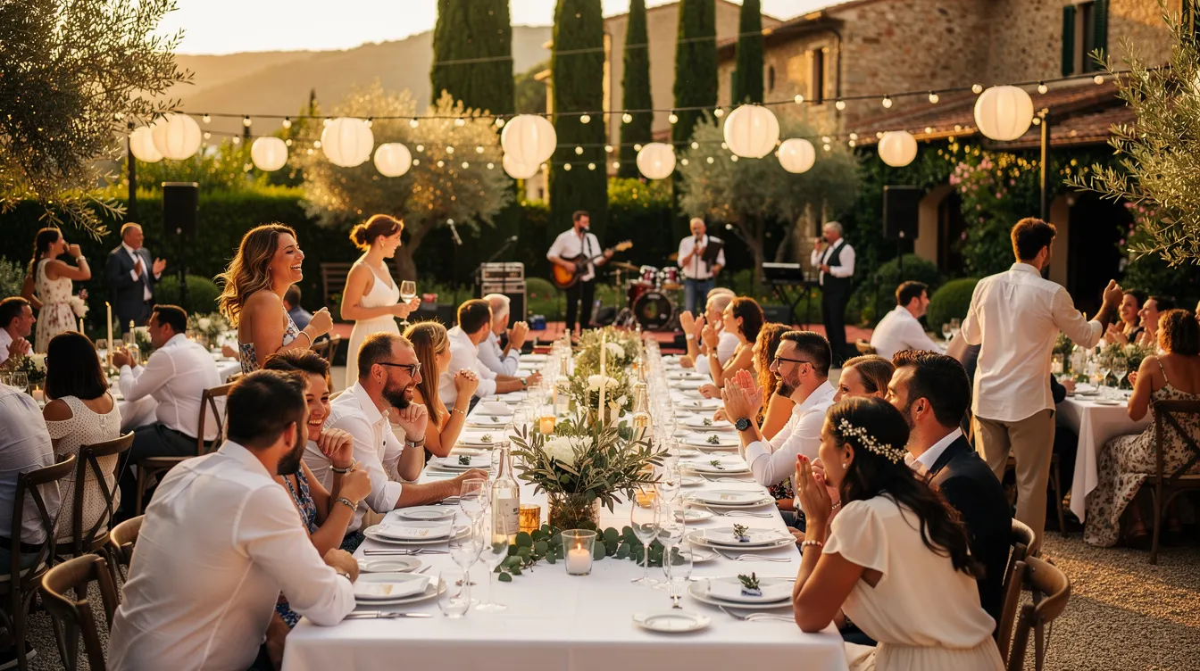 Das Bild zeigt eine große italienische Hochzeitsfeier in einem sonnendurchfluteten Garten, wo lange gedeckte Tische aufgestellt sind und tanzende Gäste die fröhliche Atmosphäre genießen. Eine Live-Band spielt unter bunten Lampions, während die Feierlichkeiten an die Familiengeschichten und Traditionen erinnern, die oft auch in Filmen wie "Der Pate" thematisiert werden.