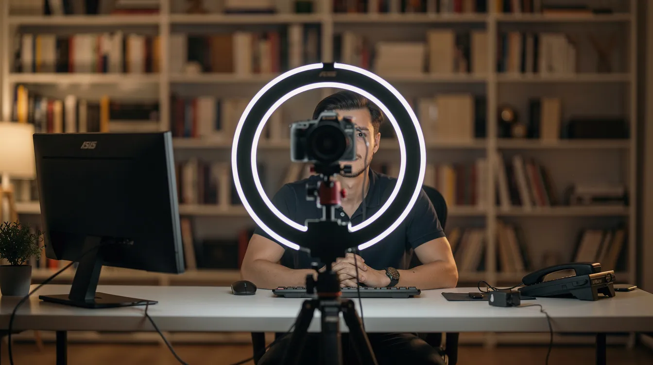 Ein Content Creator sitzt an einem Schreibtisch, während eine Kamera auf einem Stativ auf Augenhöhe positioniert ist, um den Fokus auf die Person zu richten. Im unscharfen Hintergrund ist ein Bücherregal sichtbar, was der Szene eine kreative Atmosphäre verleiht.