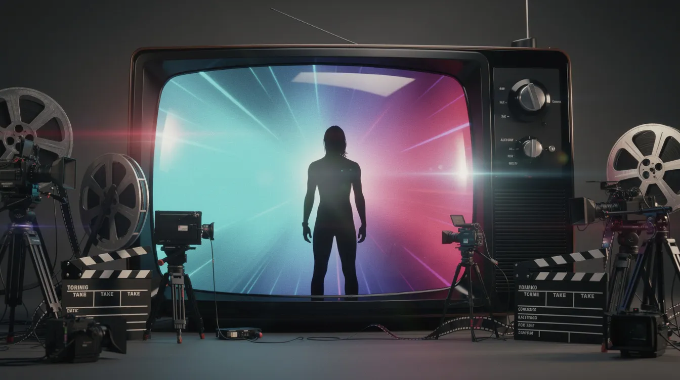 Auf dem Bild ist ein stilisierter Fernsehbildschirm zu sehen, der mit bunten Lichtreflexen verziert ist. Vor einem leuchtenden Hintergrund steht eine Menschensilhouette, umgeben von Filmrollen und Kamera-Equipment, was auf die Welt der Familien-Sitcoms und spezielle Episoden hinweist.