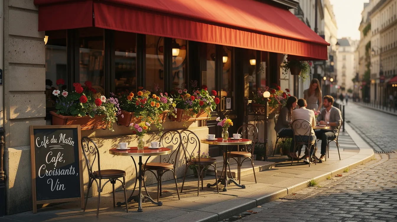 Ein charmantes Pariser Straßencafé mit kleinen Bistrotischen und einer roten Markise, umgeben von blühenden Fensterblumen, strahlt eine gemütliche Atmosphäre aus, die an die fabelhafte Welt der Amélie erinnert. Dieses idyllische Bild vermittelt das Gefühl von Ruhe und französischem Flair in einer ruhigen Seitenstraße.