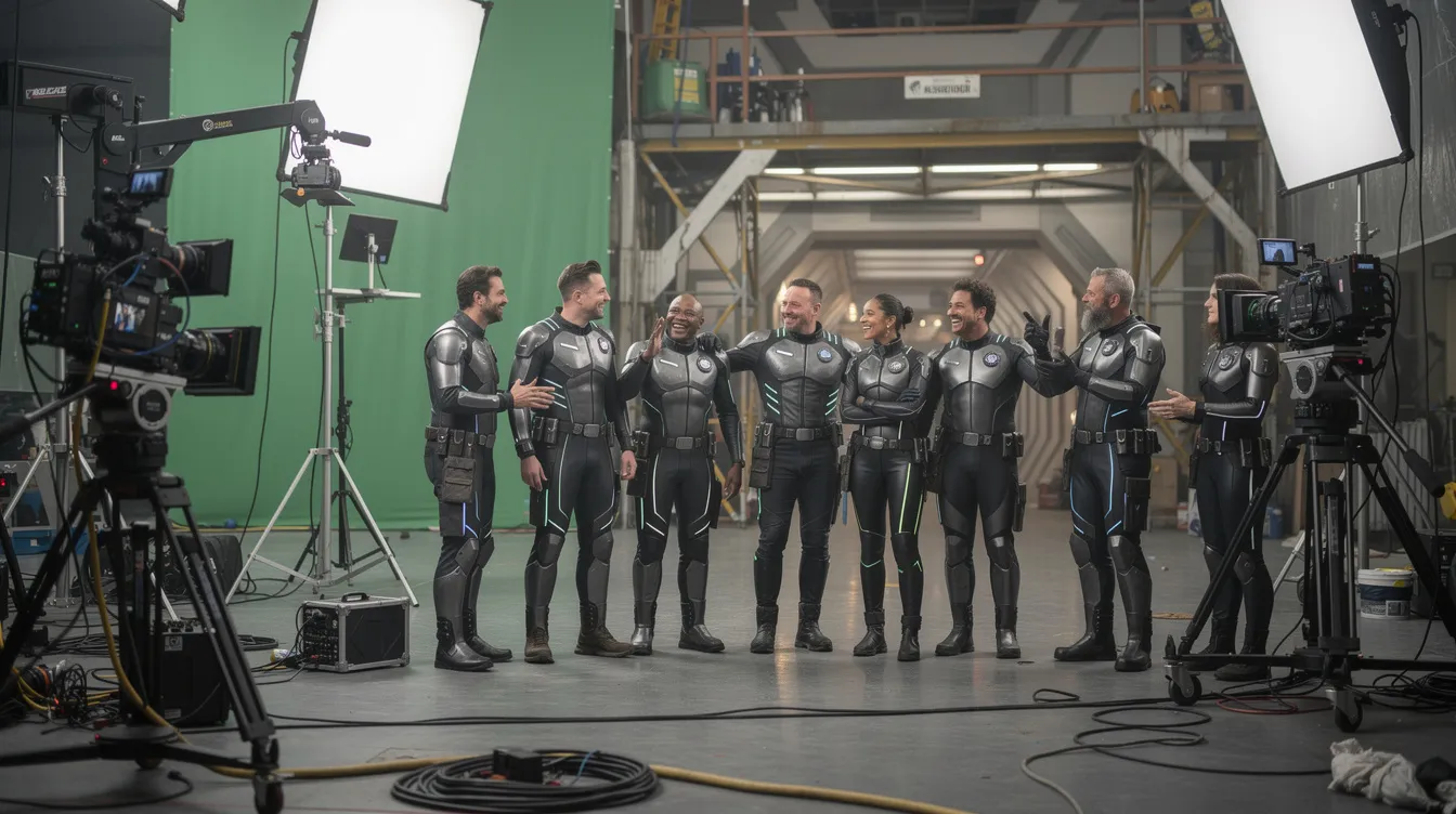 Auf dem Filmset stehen Schauspieler in futuristischen Uniformen, die entspannt beieinander stehen und lachen, während Kameras und Beleuchtung für die Aufnahmen bereit sind. Diese Szene könnte aus der Serie "Star Trek: The Next Generation" stammen, in der Charaktere wie Captain Picard und seine Besatzung Abenteuer im Raumschiff Enterprise erleben.