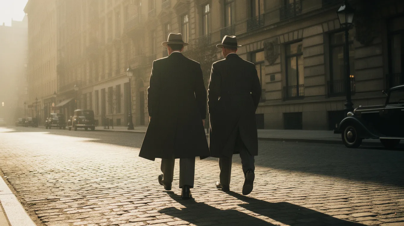 Zwei Männer in stilvollen Anzügen und Hüten aus den 1930er Jahren gehen mit dem Rücken zur Kamera eine sonnige Großstadtstraße entlang, während im Hintergrund alte Gebäude und Pflastersteine zu sehen sind. Diese Szene erinnert an die Atmosphäre des Klassikers "Der Clou", der voller überraschender Pointen und Gaunerkomödie ist.