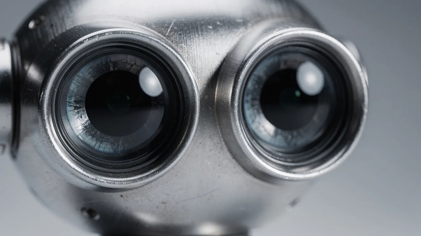Nahaufnahme von zwei runden, metallenen Roboteraugen, die neugierig und leicht schräg in die Kamera blicken. Die Lichtreflexe auf den Linsen erinnern an den Charme des Pixar-Klassikers "Wall·E – Der letzte räumt die Erde auf".