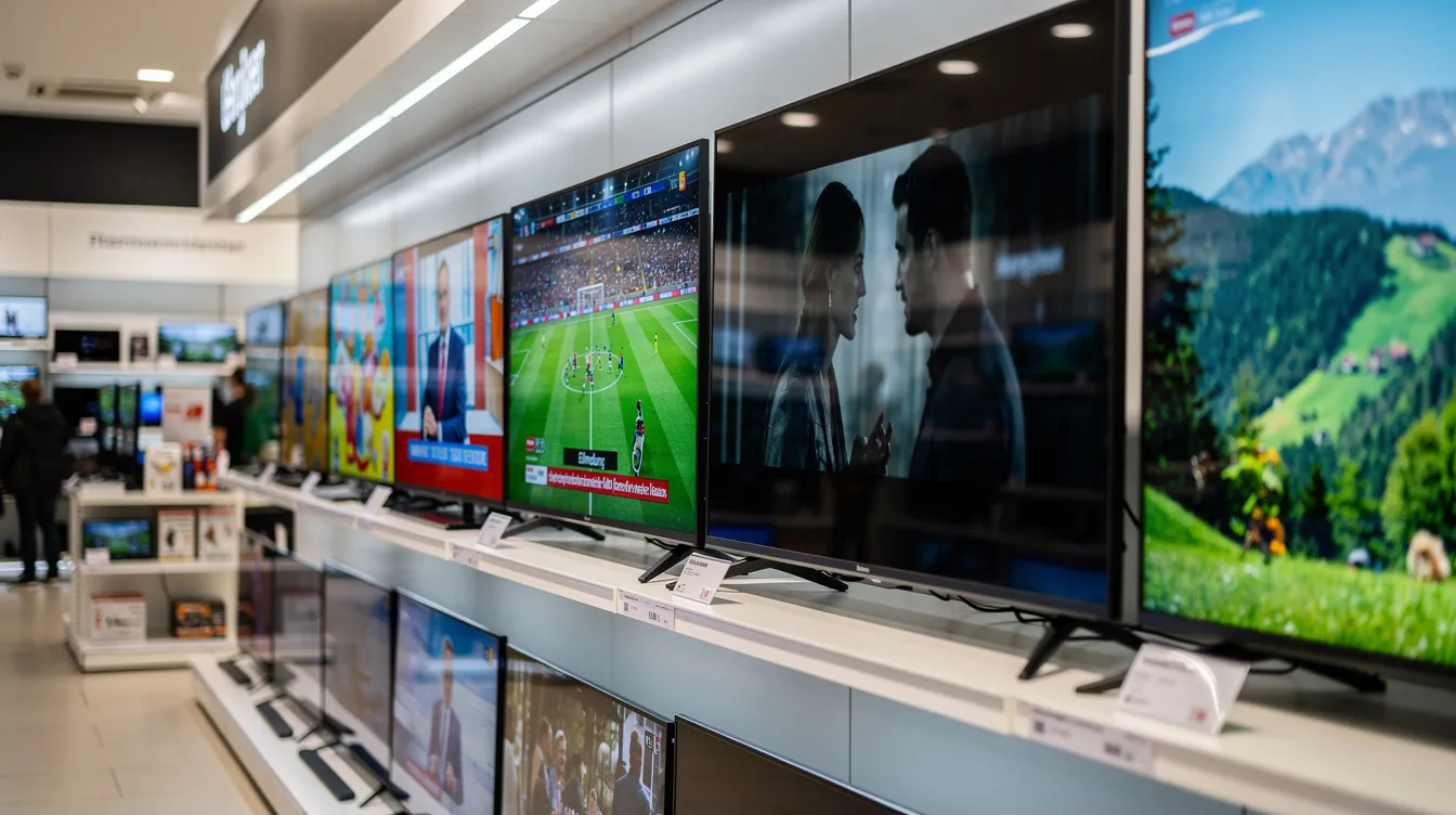 In einem Elektronikgeschäft sind mehrere Fernsehbildschirme nebeneinander aufgestellt, die verschiedene Sendungen und Serienepisoden zeigen. Die Bildschirme präsentieren eine Vielzahl von Inhalten, die den Zuschauern die Auswahl an Formaten und Serien erleichtern.