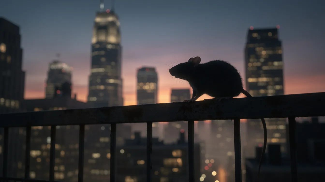 Die Silhouette einer Ratte steht auf einem Metallgeländer, während im Hintergrund die abendliche Großstadtskyline mit warmem Restlicht am Horizont leuchtet. Diese Szene könnte an die düstere Atmosphäre von Filmen wie "The Departed" erinnern, in denen das Leben in der Stadt und die Konflikte zwischen Polizei und Gangstern thematisiert werden.