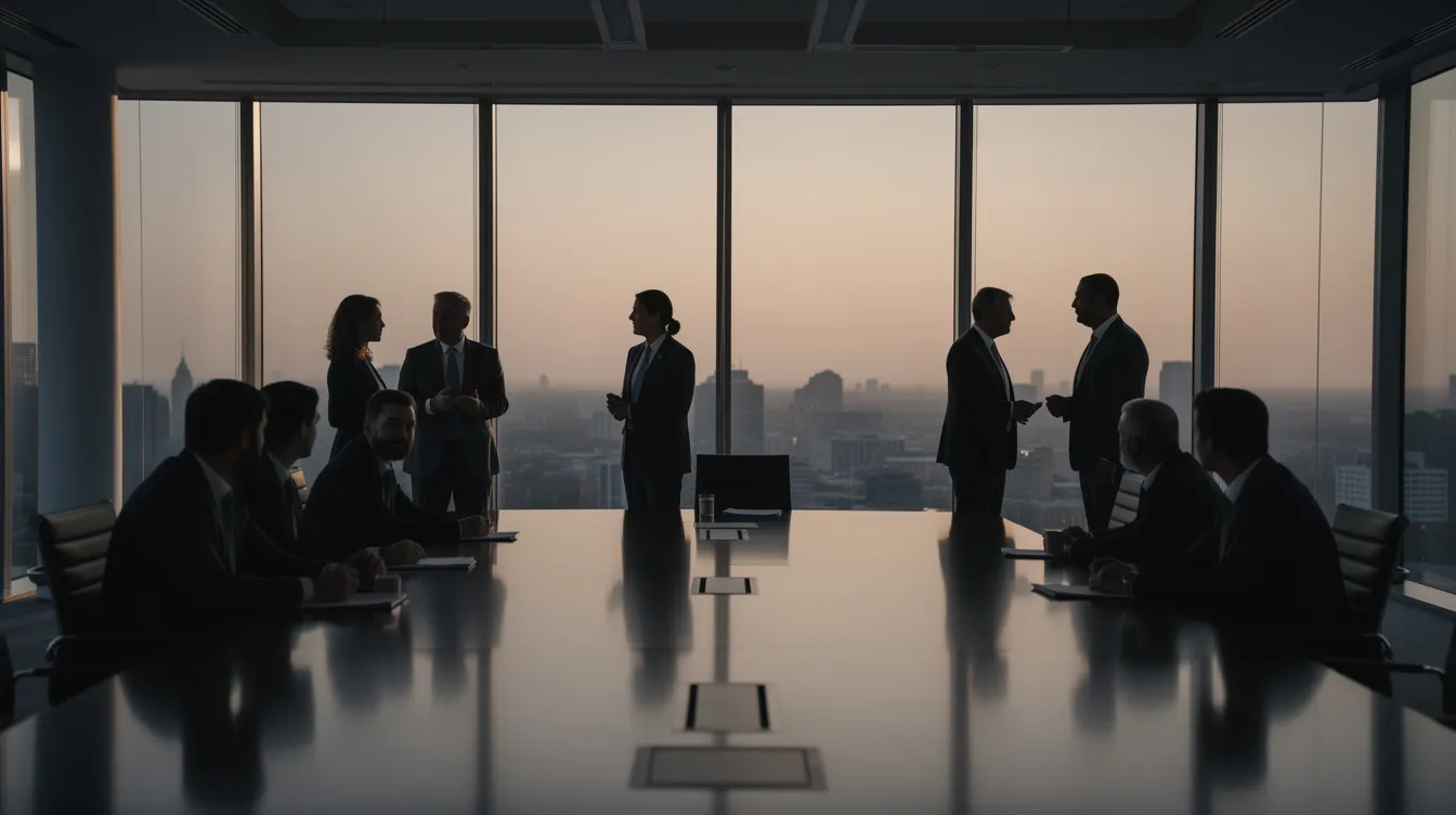 Der Konferenzraum zeigt die Silhouetten von Geschäftsleuten, die vor großen Glasfenstern stehen, durch die diffuses Abendlicht strömt. Die Atmosphäre erinnert an die spannungsgeladene Kulisse eines Films, in dem Nachrichten und Einschaltquoten eine zentrale Rolle spielen.