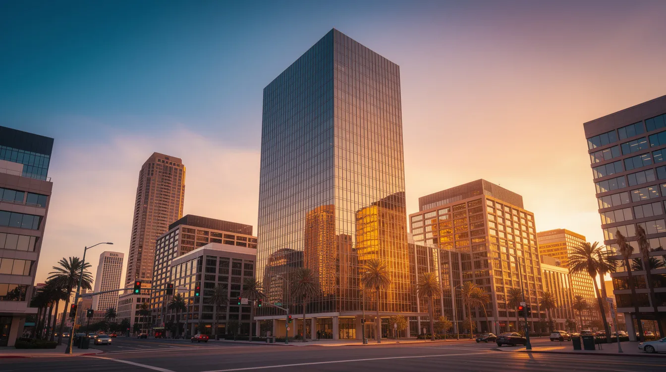 Das Bild zeigt ein modernes gläsernes Hochhaus in einer amerikanischen Großstadt, umgeben von Palmen und anderen Bürogebäuden, während die Sonne langsam am Horizont untergeht. Diese Szene erinnert an die urbanen Kulissen, die oft in Actionfilmen wie "Stirb langsam" mit Bruce Willis als John McClane dargestellt werden.