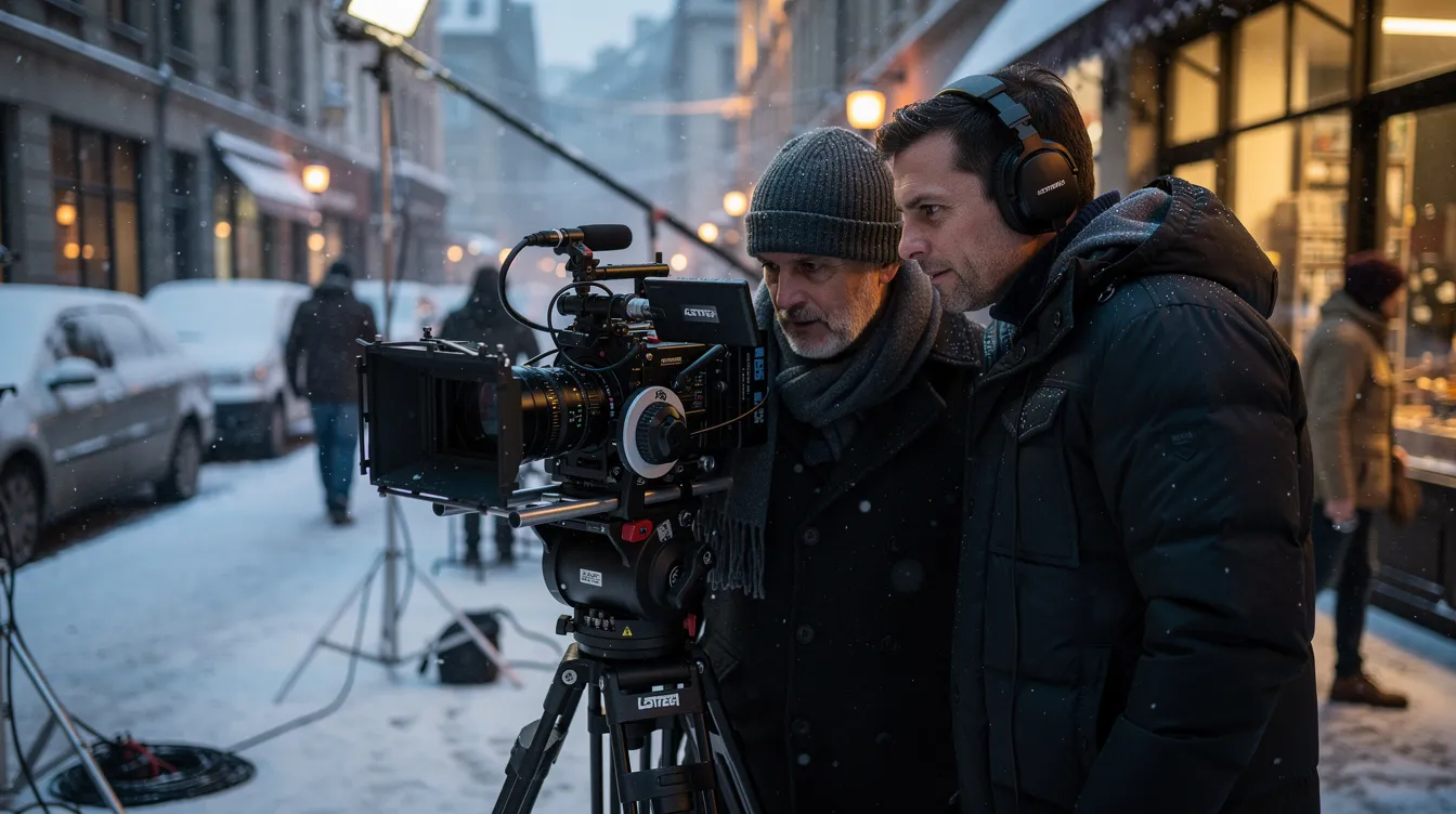 Ein Regisseur und ein Kameramann blicken gemeinsam durch den Sucher einer Filmkamera, während sie am Set einer winterlichen Straßenszene arbeiten. Die Atmosphäre ist kreativ und konzentriert, und die Umgebung spiegelt die frostige Stimmung wider, die oft in Filmen wie "Eternal Sunshine of the Spotless Mind" zu finden ist.