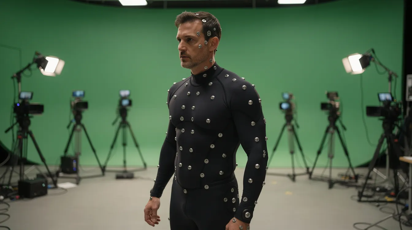 Ein Schauspieler trägt einen Motion-Capture-Anzug mit reflektierenden Markern in einem Studio mit grünem Hintergrund. Diese Technologie wird häufig in Filmen wie "Avengers: Endgame" verwendet, um die Bewegungen der Darsteller für die digitale Animation einzufangen.