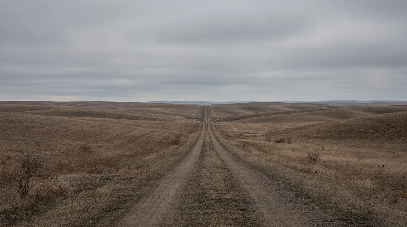 Die weite kanadische Prärielandschaft zeigt sanfte Hügel mit braunem Gras unter einem grauen, wolkenverhangenen Himmel. Ein einzelner Feldweg führt einsam in die Ferne und erinnert an die melancholische Atmosphäre eines Italo-Westerns, in dem Charaktere wie William Munny und Sheriff Little Bill Daggett um ihr Überleben kämpfen.