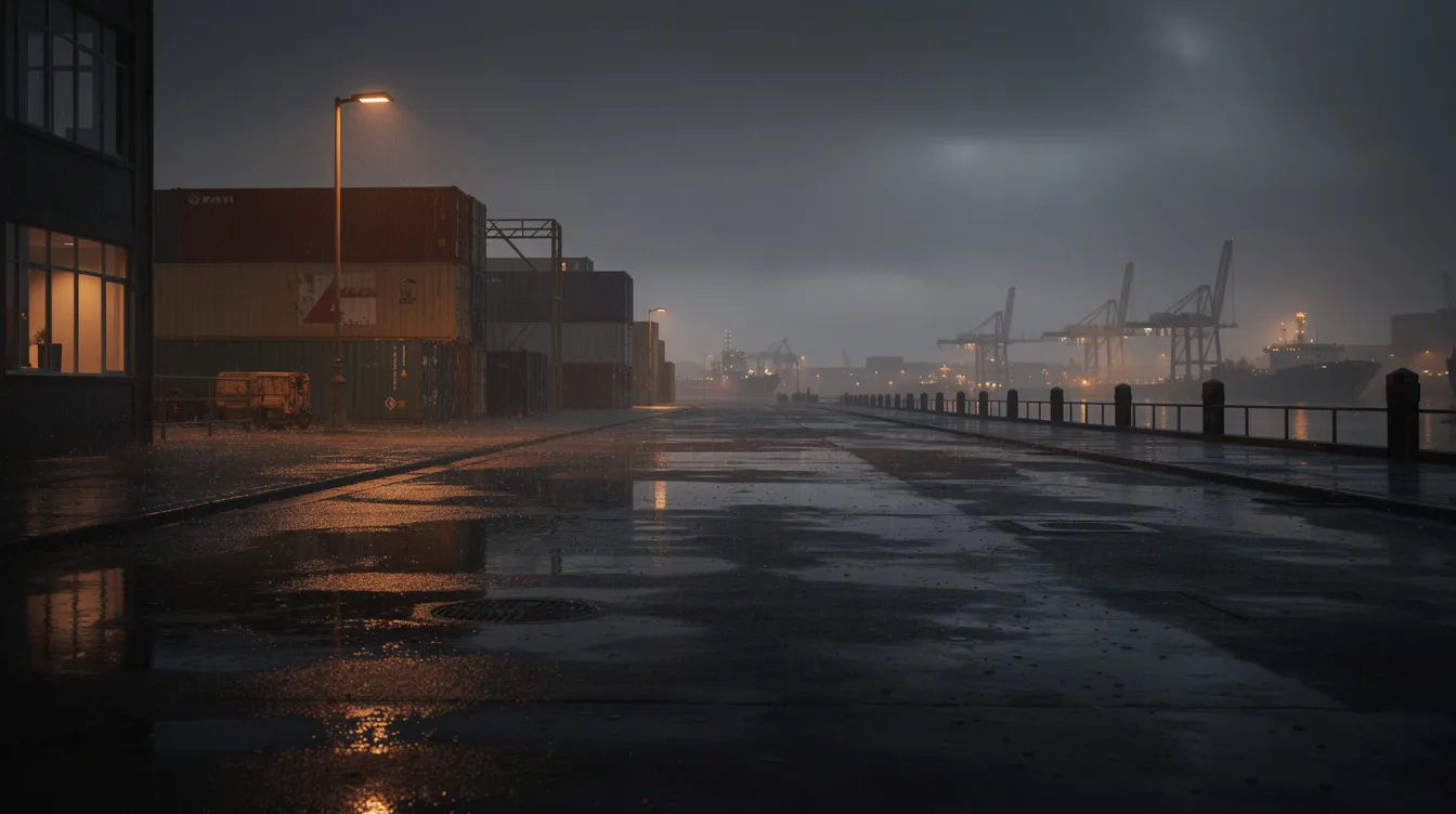 Die dunkle, regennasse Straße in einem urbanen Hafenviertel bei Nacht wird von orangefarbenem Licht der Straßenlaternen erhellt, was eine geheimnisvolle Atmosphäre schafft, die an die Stimmung des Films "The Departed" erinnert. Die Reflexionen auf dem Asphalt könnten an die Auseinandersetzungen zwischen Polizei und Gangsterboss Frank Costello erinnern, die in der Handlung des Films zentral sind.