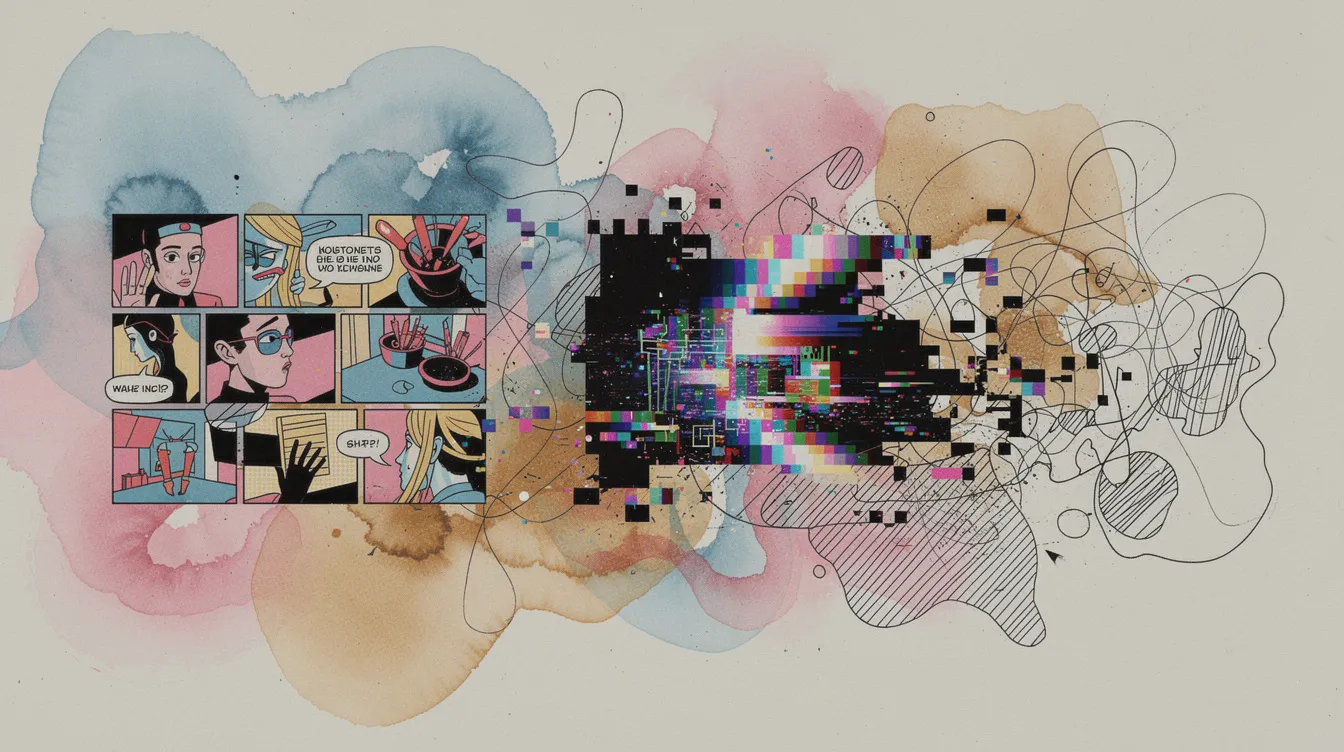 Die abstrakte Collage zeigt eine dynamische Komposition, in der Aquarellflächen, geometrische Comicpanels und pixelige Digitalfragmente miteinander verschmelzen. Diese vielfältigen Kunststile erinnern an die Ästhetik des "Spider-Man: Across the Spider-Verse" und schaffen eine visuelle Verbindung zu den Spider-People und ihren Abenteuern im Multiversum.