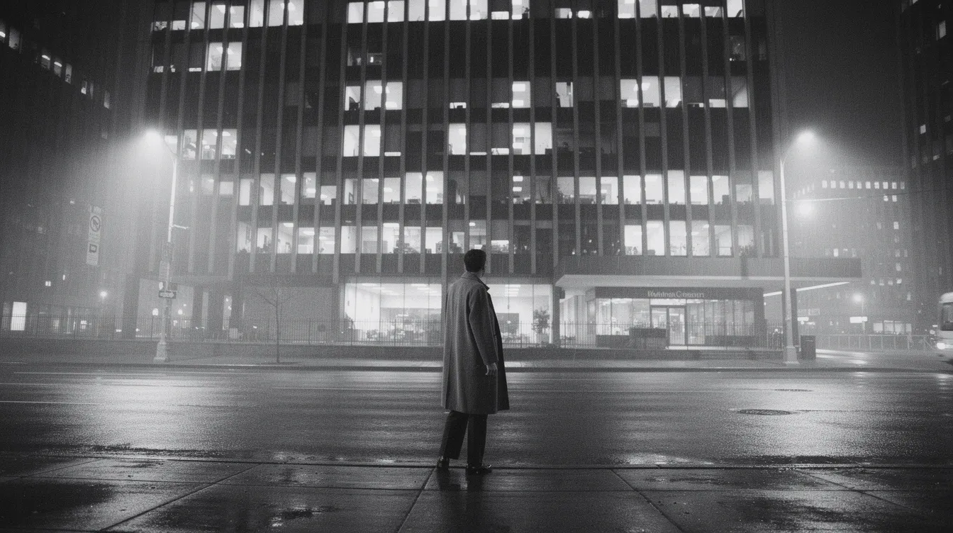 Eine einzelne Person steht nachts auf einer beleuchteten Straße vor einem großen Bürogebäude in einer Schwarzweiß-Aufnahme, die an den Stil der 1960er Jahre erinnert. Die Szene vermittelt ein Gefühl von Einsamkeit und urbanem Leben, während das Licht des Gebäudes die dunkle Umgebung durchbricht.