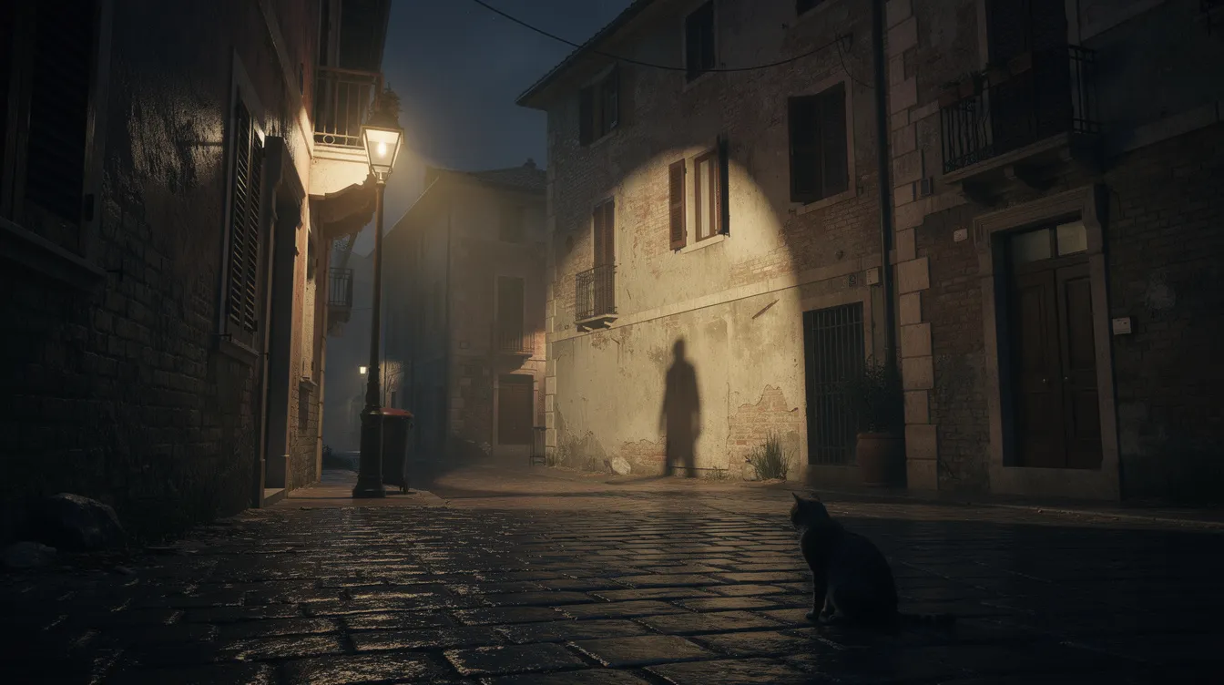 Die dramatische Nachtszene zeigt eine alte europäische Gasse, in der ein Lichtkegel auf einen Schatten an einer Hauswand fällt, während eine Katze auf dem Pflaster sitzt. Diese Atmosphäre erinnert an den Film noir "Der dritte Mann", der in Wien spielt und von Korruption und Geheimnissen handelt.