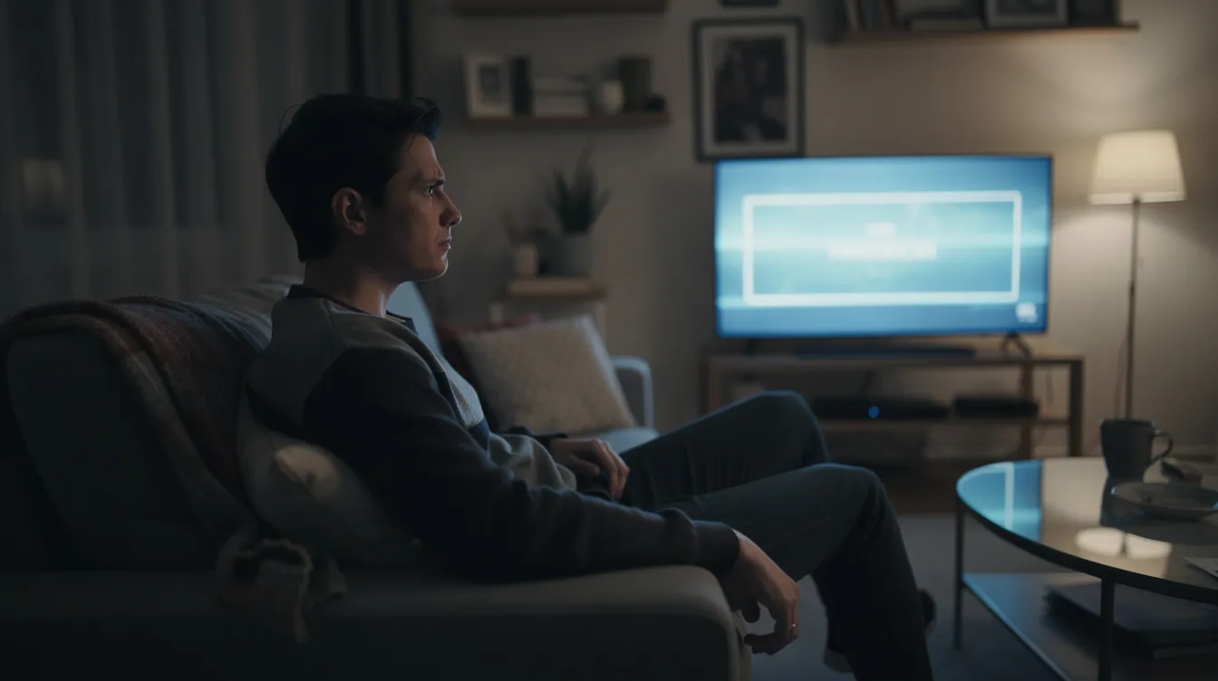 Eine Person sitzt abends auf einem Sofa und zeigt einen Gesichtsausdruck, der zwischen Genervtsein und Faszination schwankt, während im Hintergrund ein Fernseher bläuliches Neonlicht auf das Wohnzimmer wirft. Diese Szene könnte das Phänomen des "Hate Watching" widerspiegeln, bei dem Menschen trotz Abneigung an einer Serie festhalten und die Inhalte konsumieren.