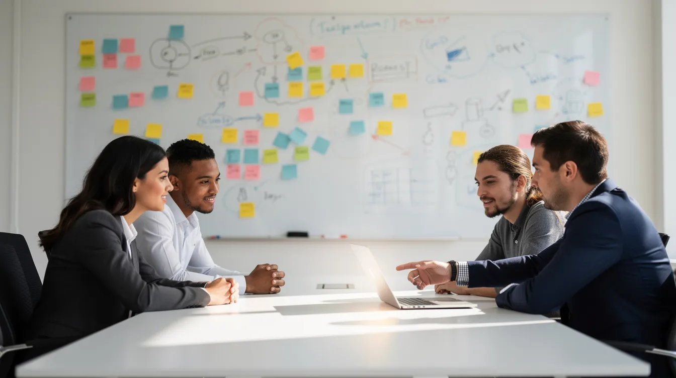 Vier Personen sitzen um einen Konferenztisch, während im Hintergrund ein Whiteboard mit bunten Haftnotizen und Skizzen zu sehen ist. Eine Person zeigt auf den Bildschirm eines Laptops, was auf die Planung und Umsetzung eines Filmprojekts hindeutet.